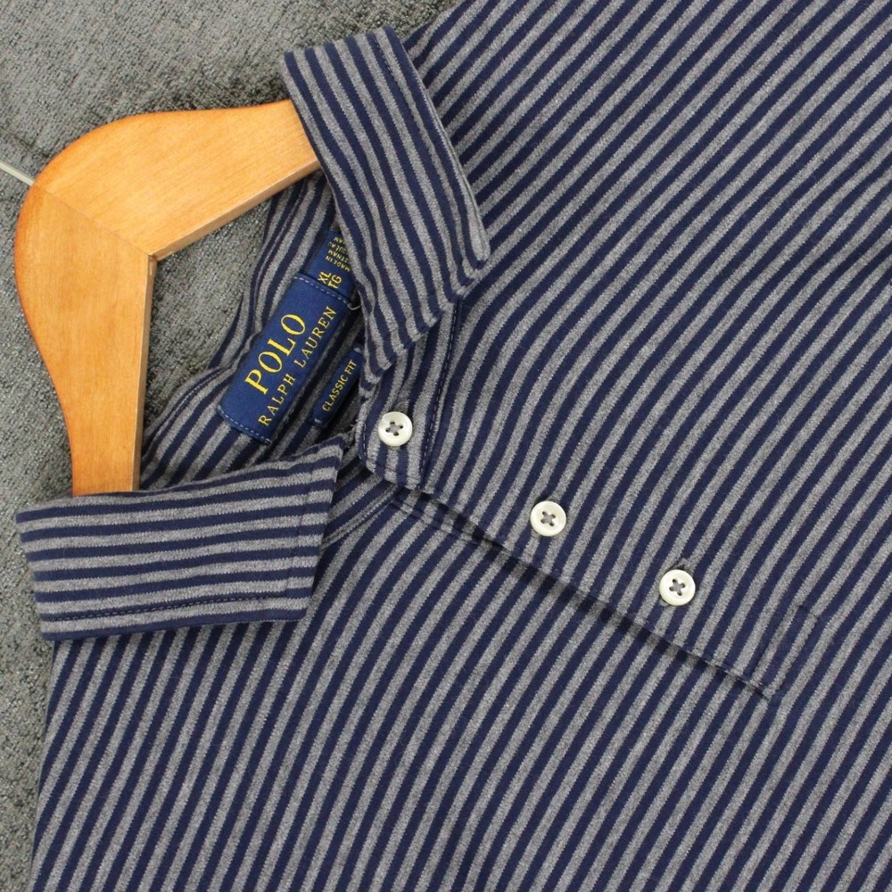 Polo Ralph Lauren Mens XL Classic Fit Striped Short Sleeve Polo Shirt Navy Grey